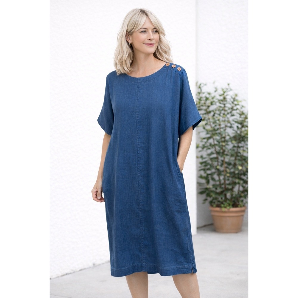 Casual Indigo Midi Dress with Shoulder Button Detail